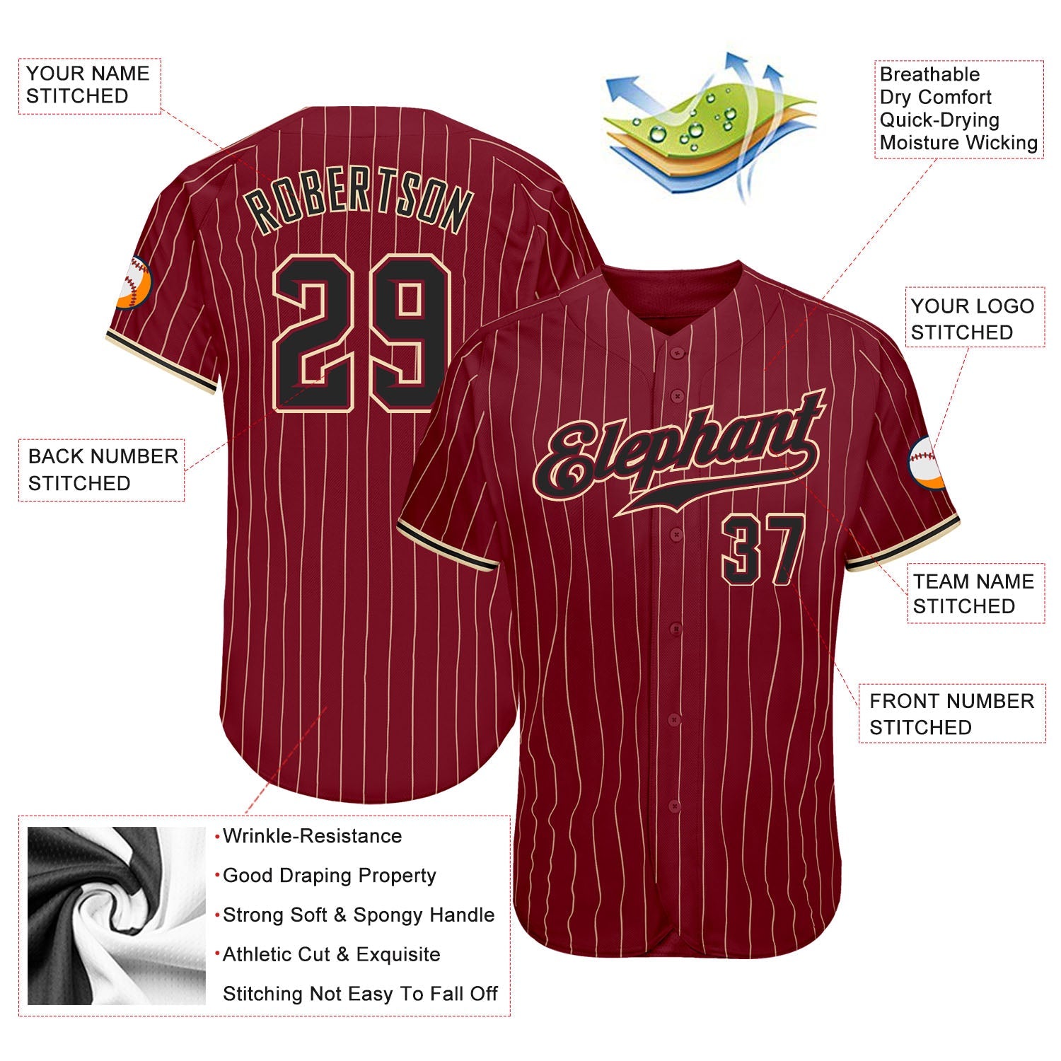 Custom Crimson Cream Pinstripe Black-City Cream Authentic Baseball Jersey view 4