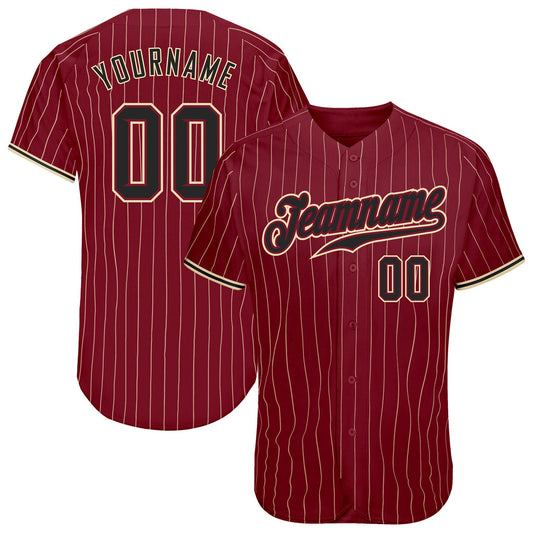 Custom Crimson Cream Pinstripe Black-City Cream Authentic Baseball Jersey - Main View