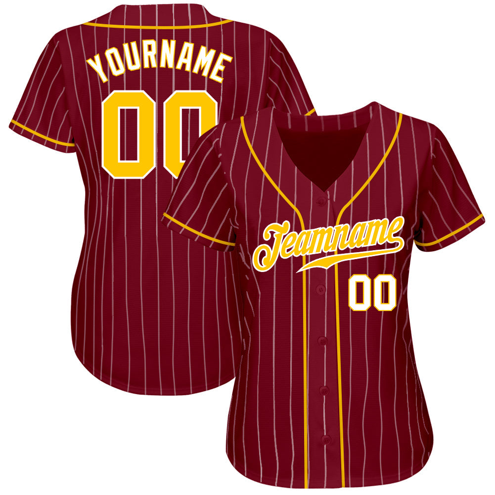 Custom Crimson White Pinstripe Gold-White Authentic Baseball Jersey view 2