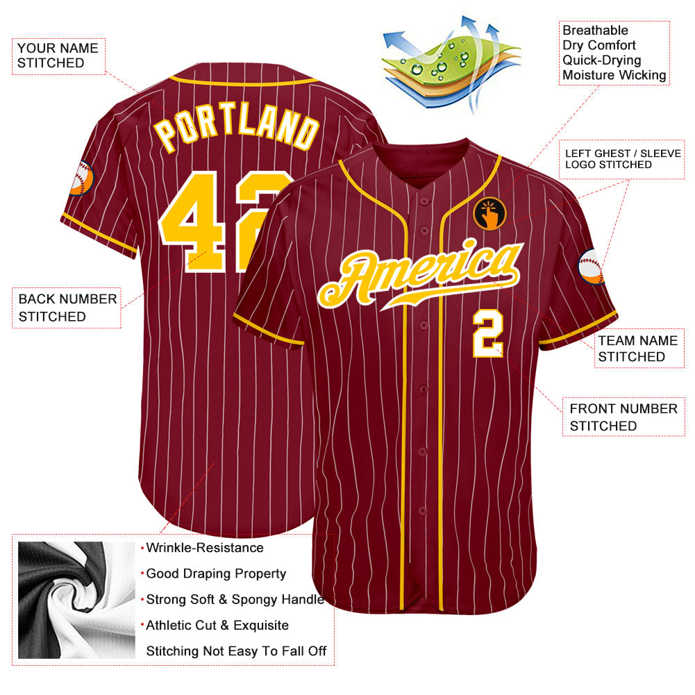 Custom Crimson White Pinstripe Gold-White Authentic Baseball Jersey view 3