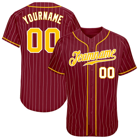 Custom Crimson White Pinstripe Gold-White Authentic Baseball Jersey - Main View