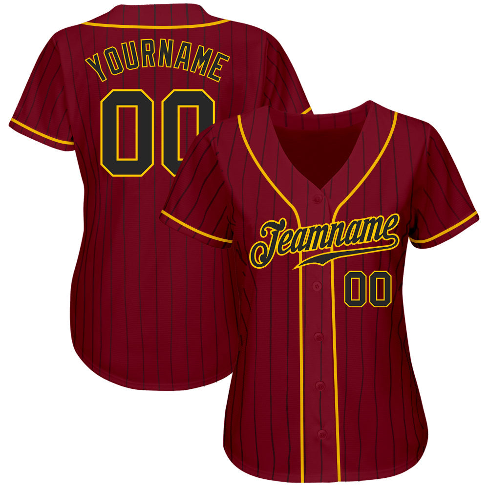 Custom Crimson Black Pinstripe Black-Gold Authentic Baseball Jersey view 2