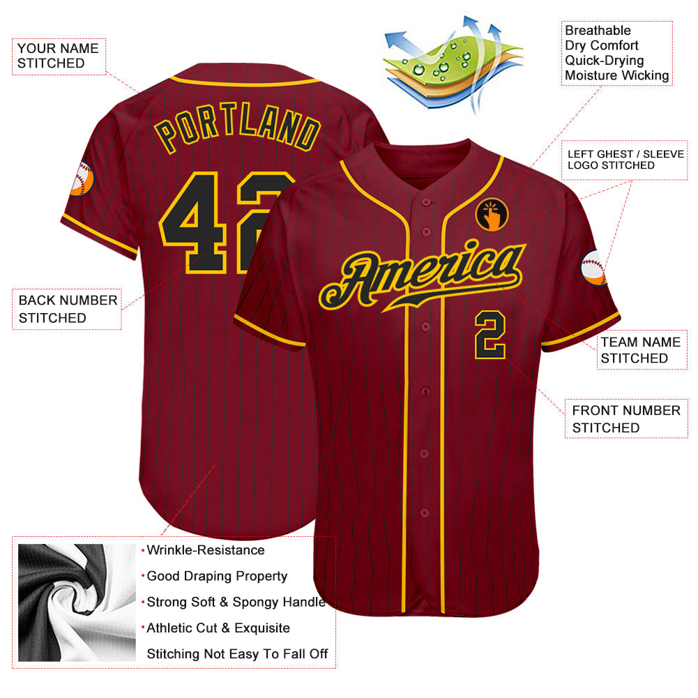Custom Crimson Black Pinstripe Black-Gold Authentic Baseball Jersey view 3
