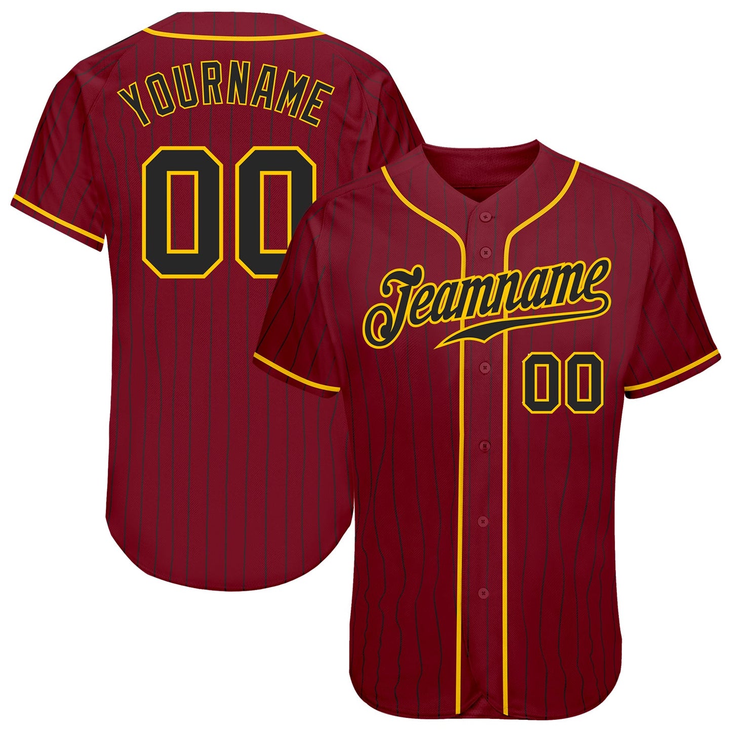 Custom Crimson Black Pinstripe Black-Gold Authentic Baseball Jersey - Main View