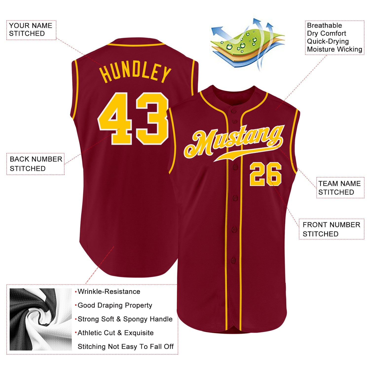 Custom Crimson Gold-White Authentic Sleeveless Baseball Jersey view 2