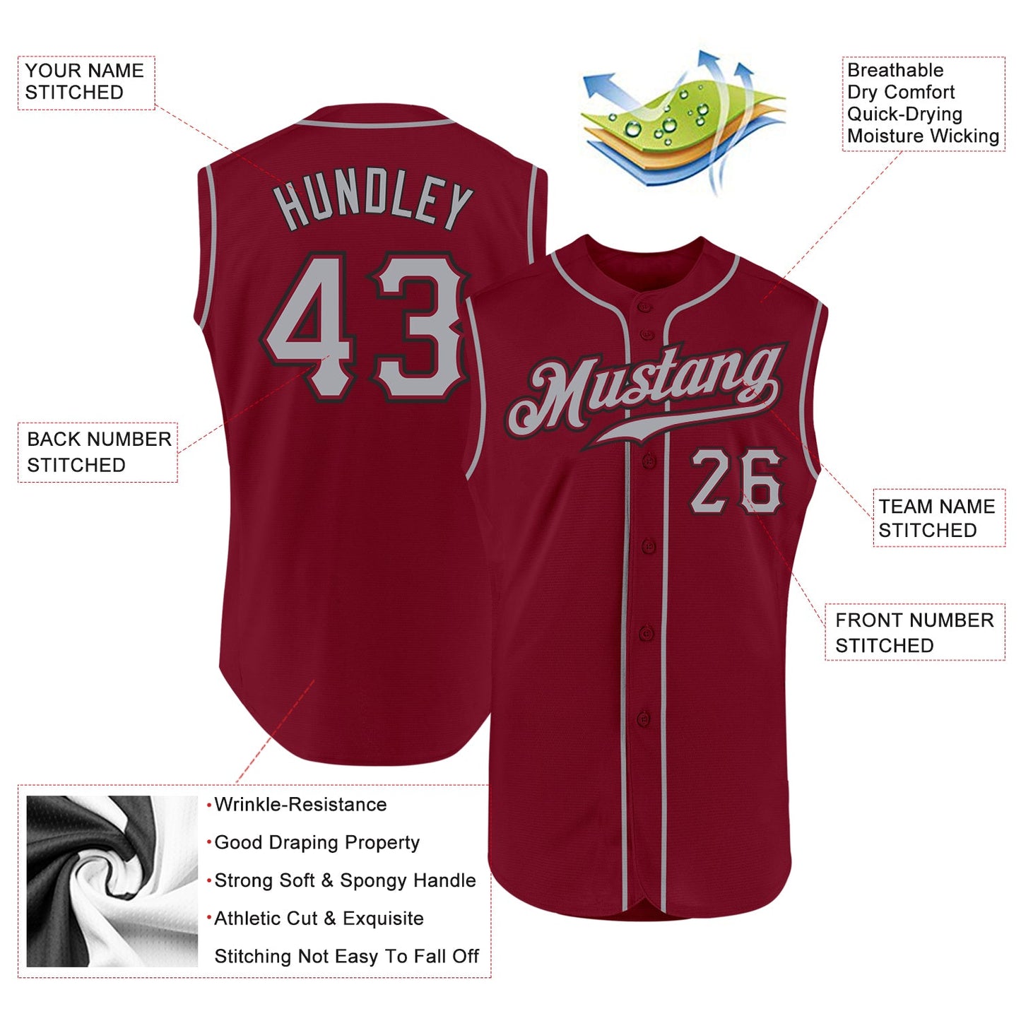 Custom Crimson Gray-Black Authentic Sleeveless Baseball Jersey view 2