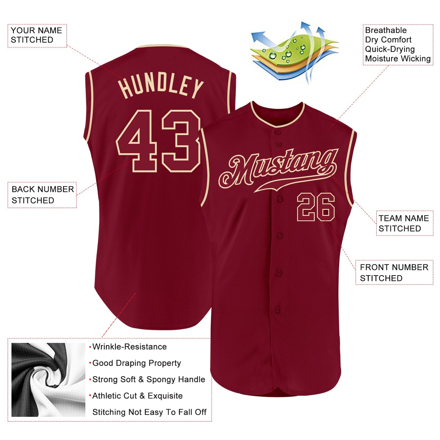 Custom Crimson Crimson-Cream Authentic Sleeveless Baseball Jersey view 2