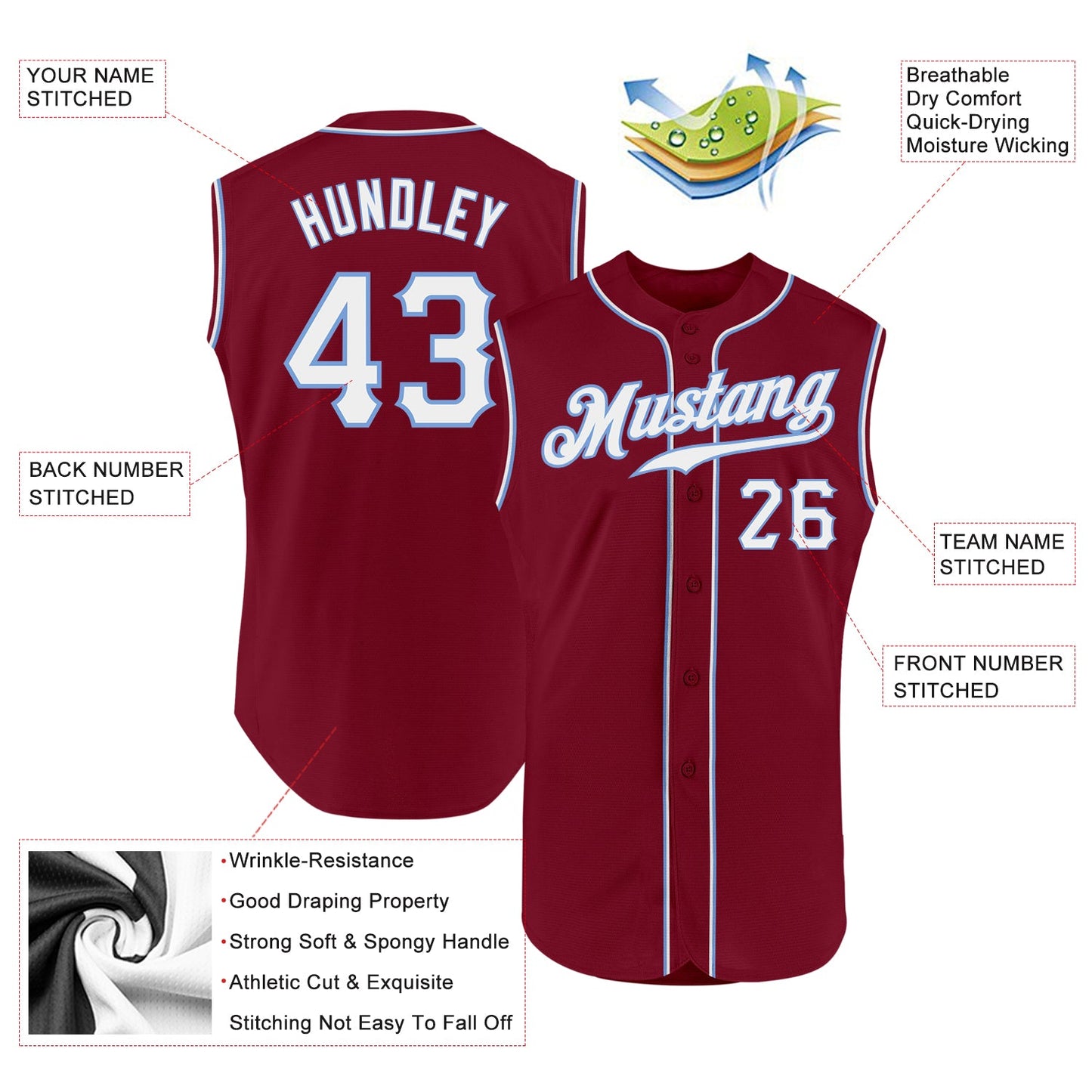 Custom Crimson White-Light Blue Authentic Sleeveless Baseball Jersey view 2