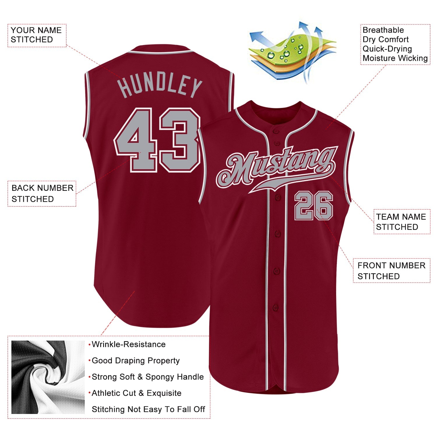 Custom Crimson Gray-White Authentic Sleeveless Baseball Jersey view 2
