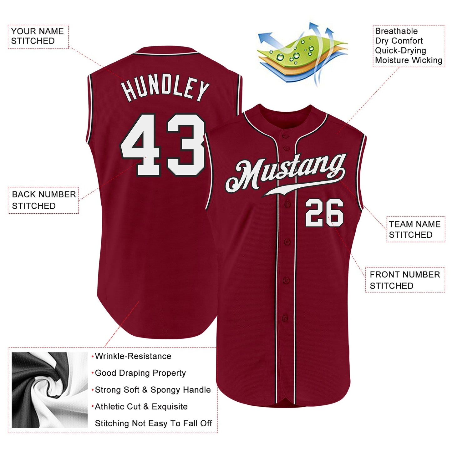 Custom Crimson White-Black Authentic Sleeveless Baseball Jersey view 2
