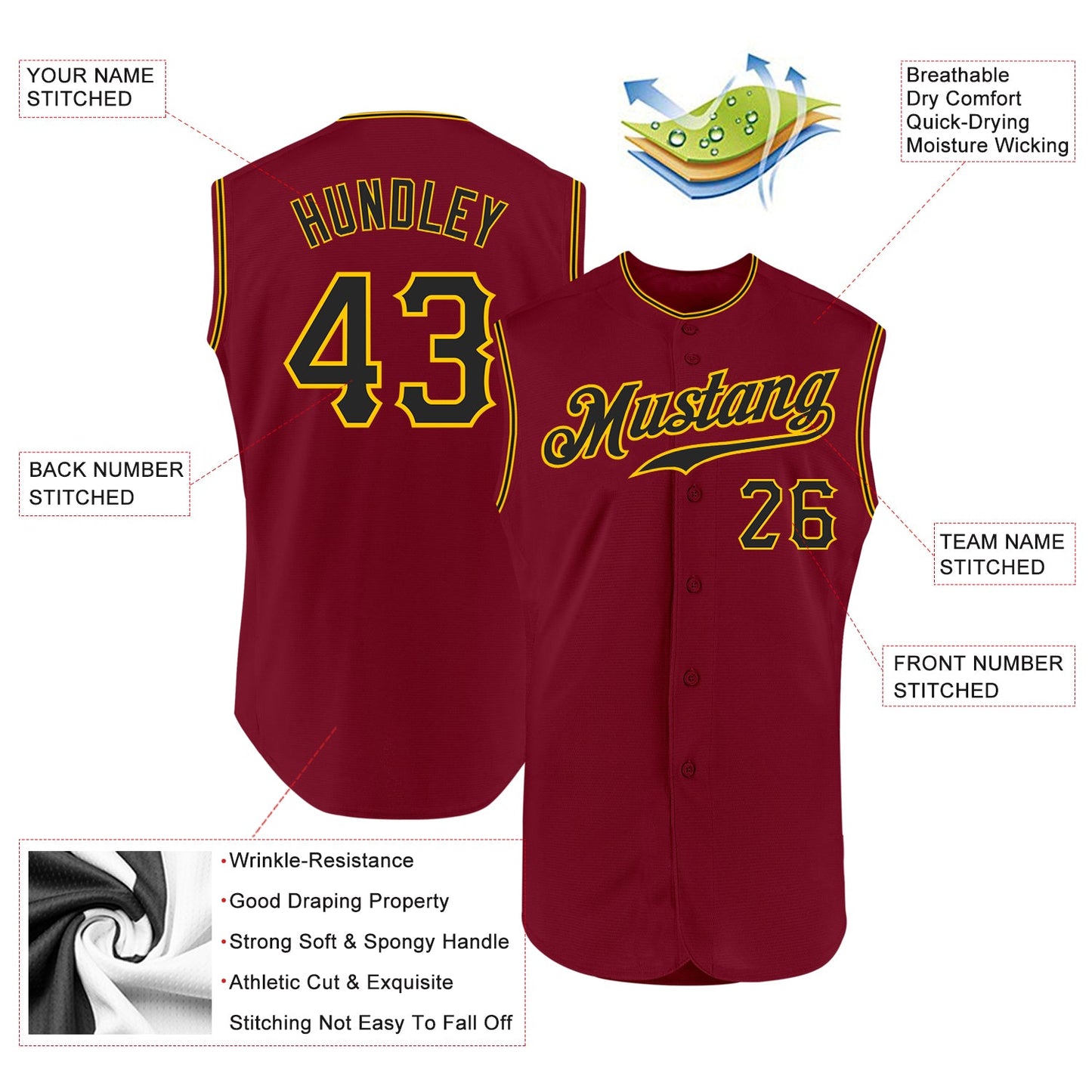 Custom Crimson Black-Gold Authentic Sleeveless Baseball Jersey view 2