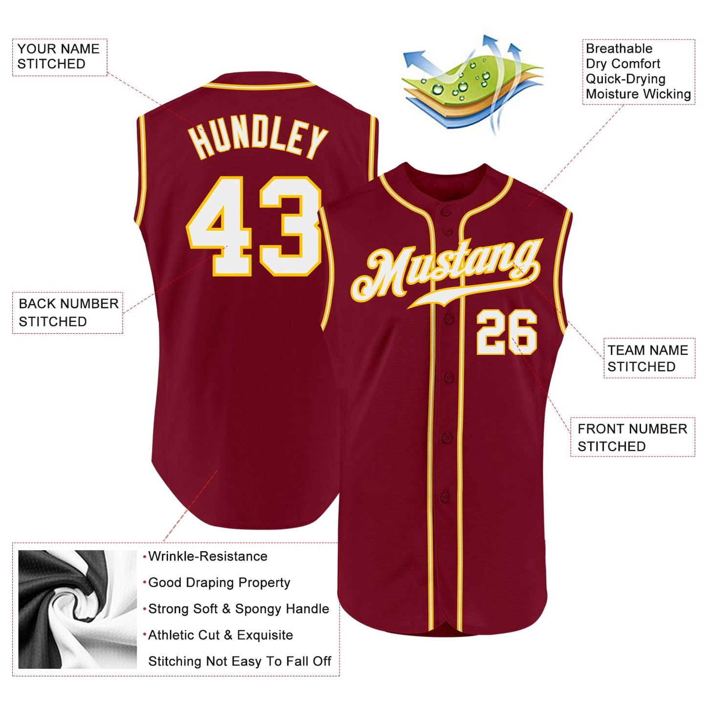 Custom Crimson White-Gold Authentic Sleeveless Baseball Jersey view 2