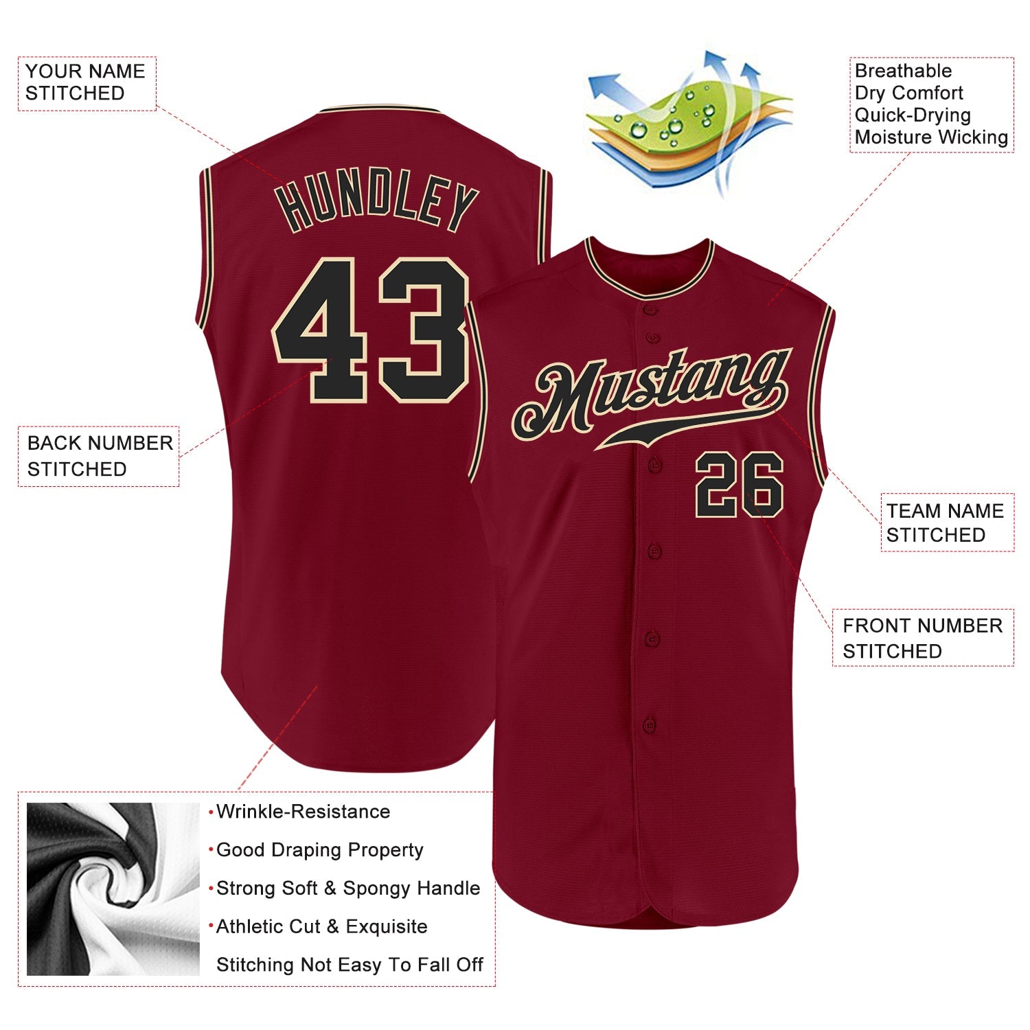 Custom Crimson Black-Cream Authentic Sleeveless Baseball Jersey view 2