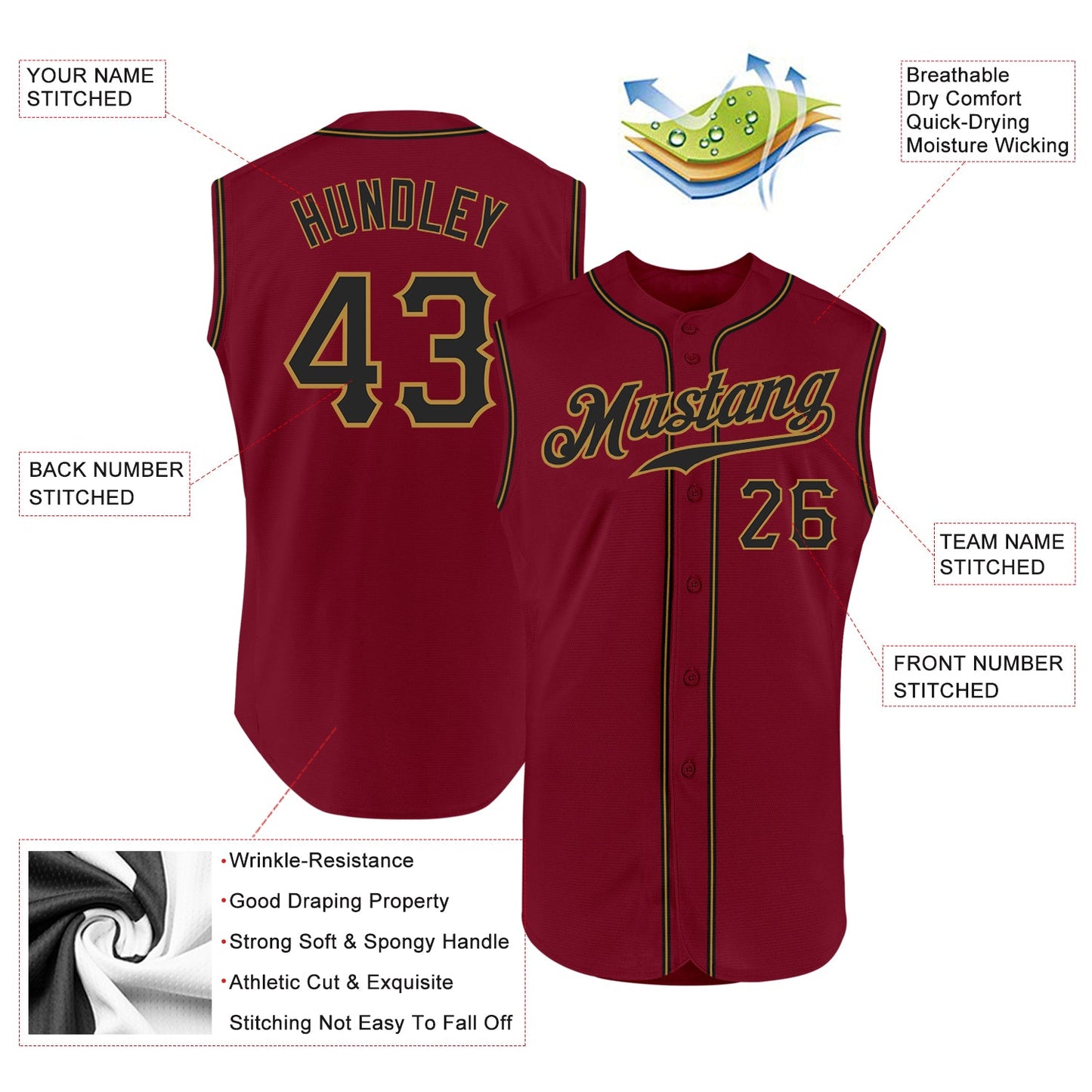 Custom Crimson Black-Old Gold Authentic Sleeveless Baseball Jersey view 2