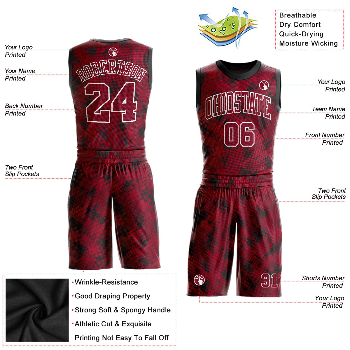 Custom Crimson Crimson-Black Round Neck Sublimation Basketball Uniform Jersey view 2