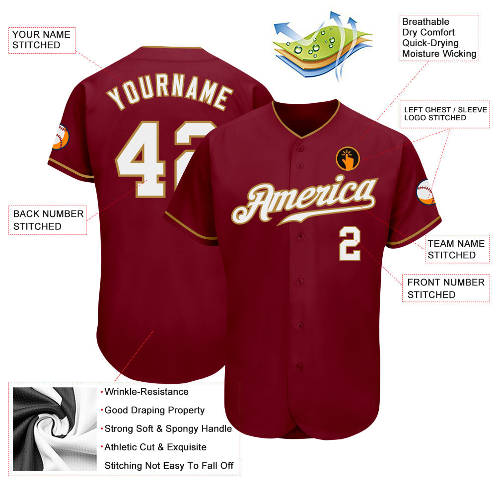 Custom Crimson White-Old Gold Authentic Baseball Jersey view 3
