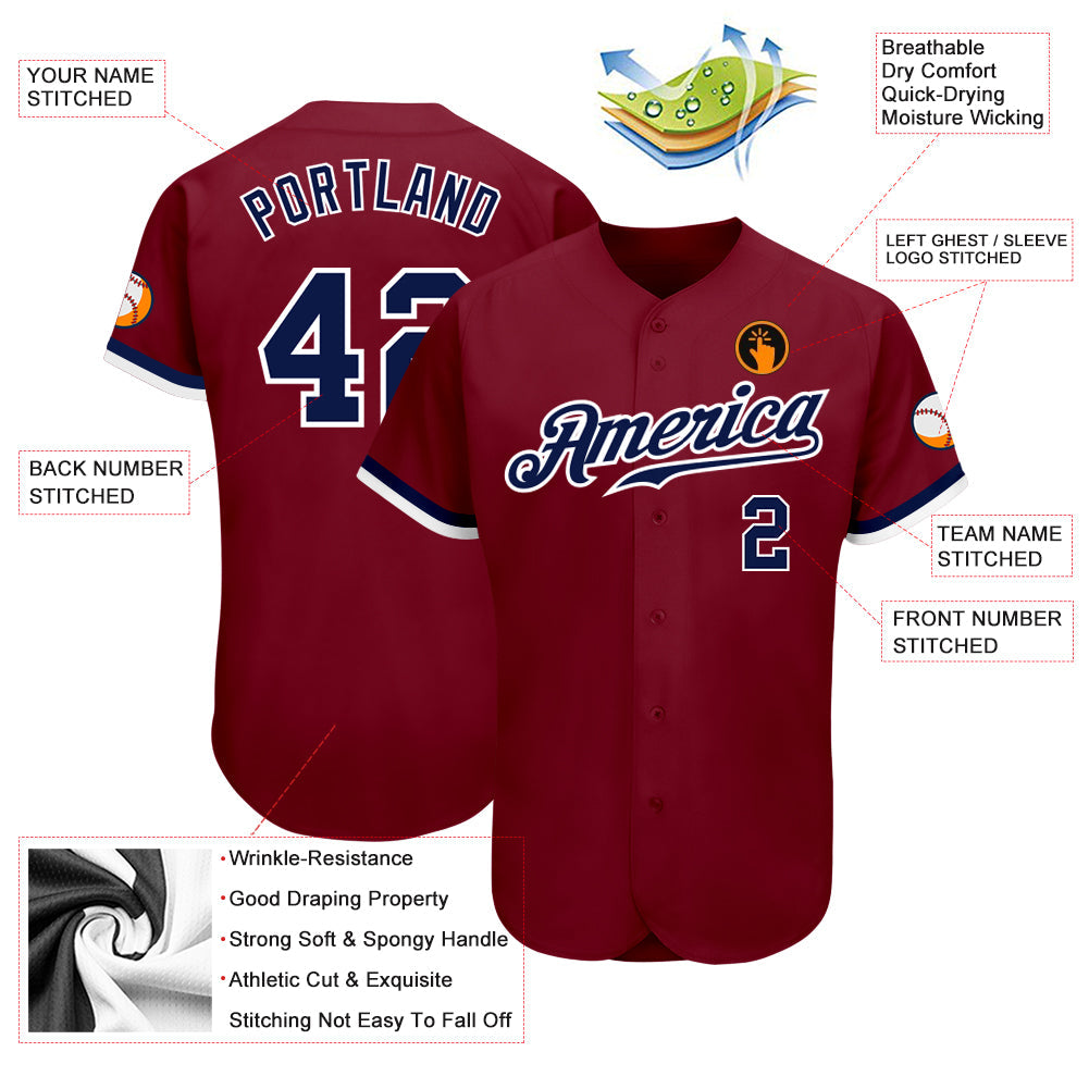 Custom Crimson Navy-White Authentic Baseball Jersey view 3