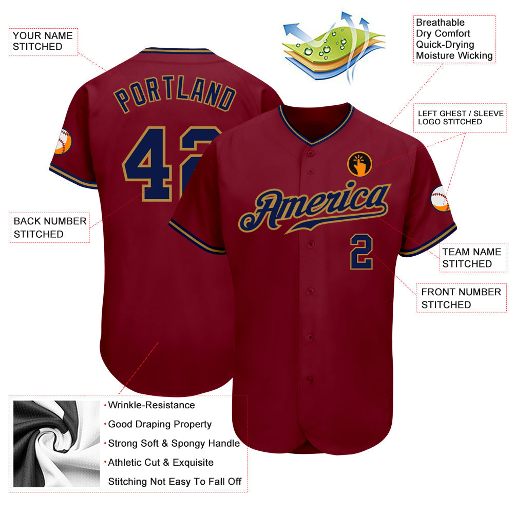 Custom Crimson Navy-Old Gold Authentic Baseball Jersey view 3