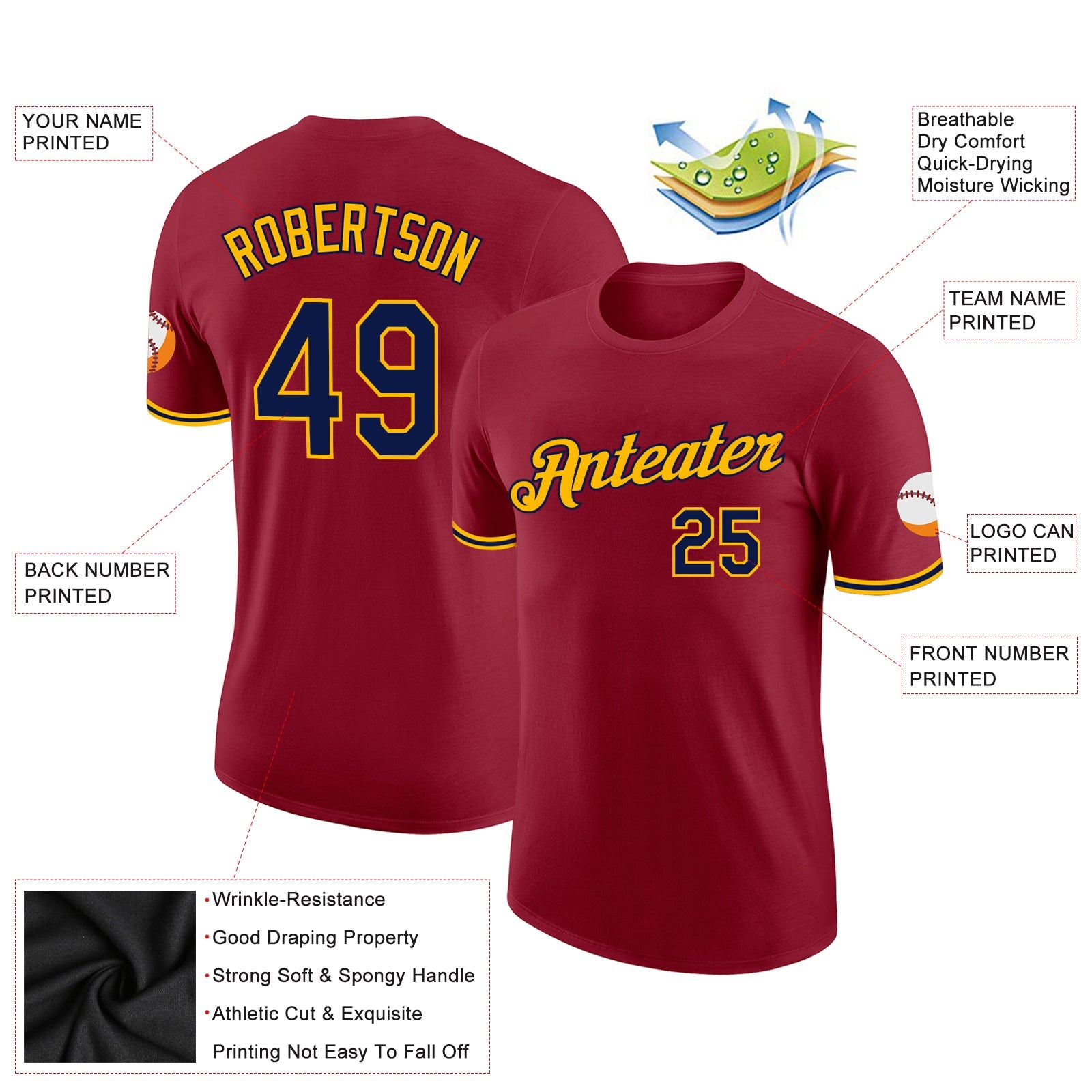 Custom Crimson Navy-Gold Performance T-Shirt view 2