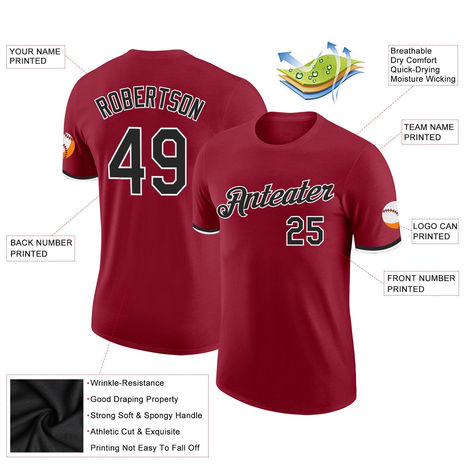 Custom Crimson Black-White Performance T-Shirt view 2