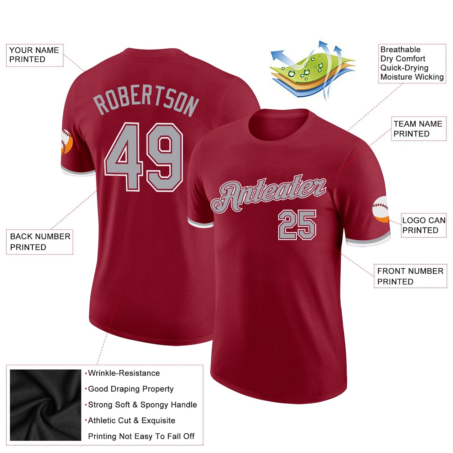 Custom Crimson Gray-White Performance T-Shirt view 2