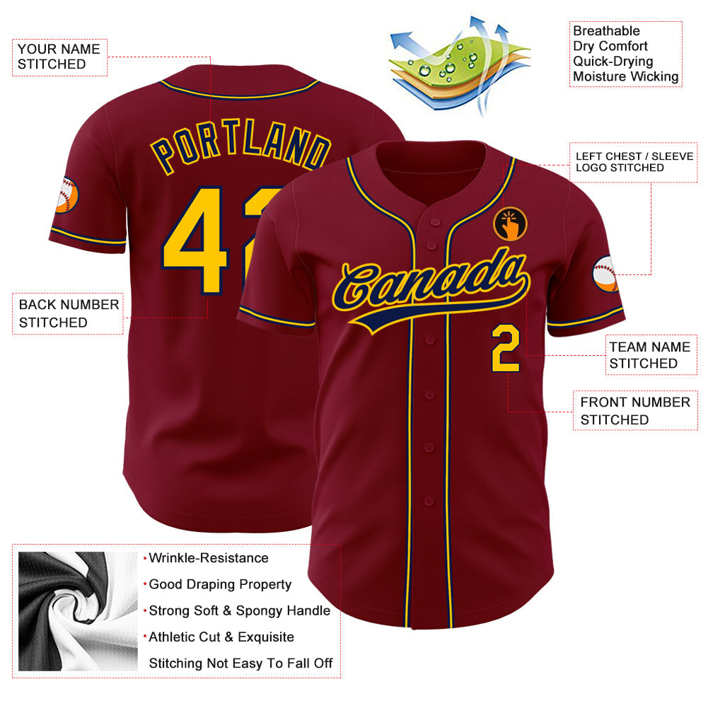 Custom Crimson Gold-Navy Authentic Baseball Jersey view 3