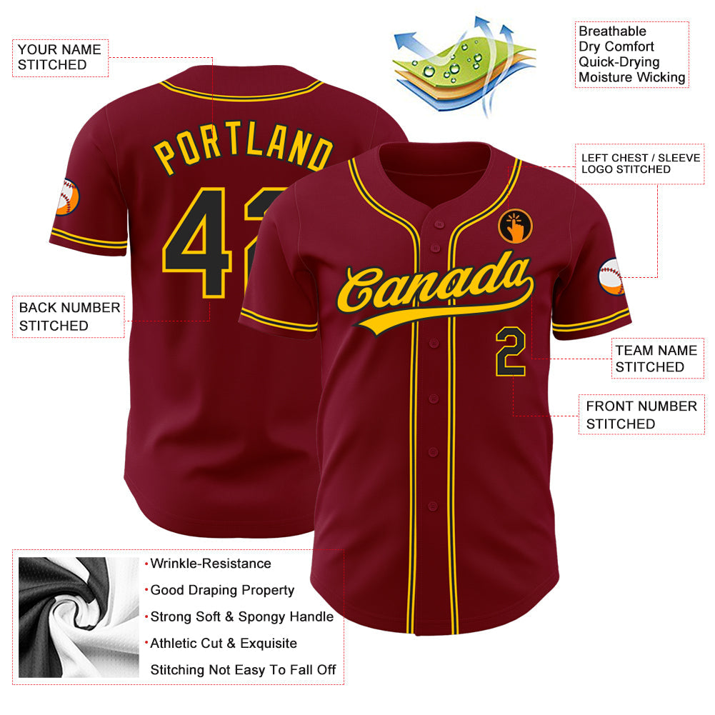 Custom Crimson Black-Gold Authentic Baseball Jersey view 3