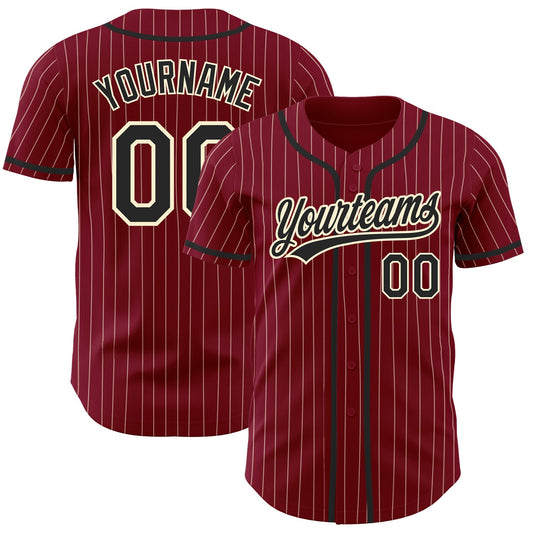 Custom Crimson Cream Pinstripe Black Authentic Baseball Jersey - Main View