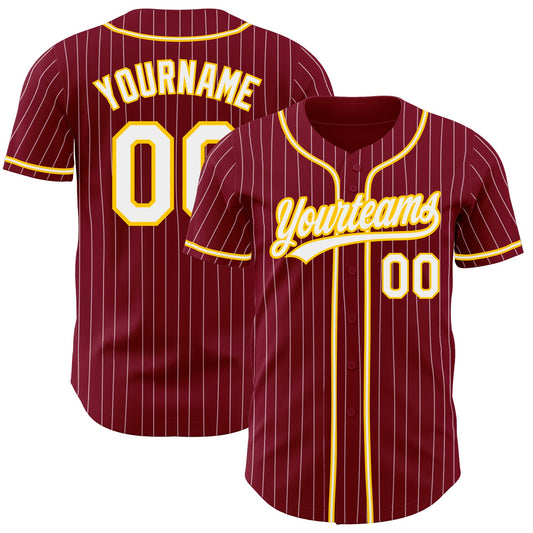 Custom Crimson White Pinstripe White-Gold Authentic Baseball Jersey - Main View