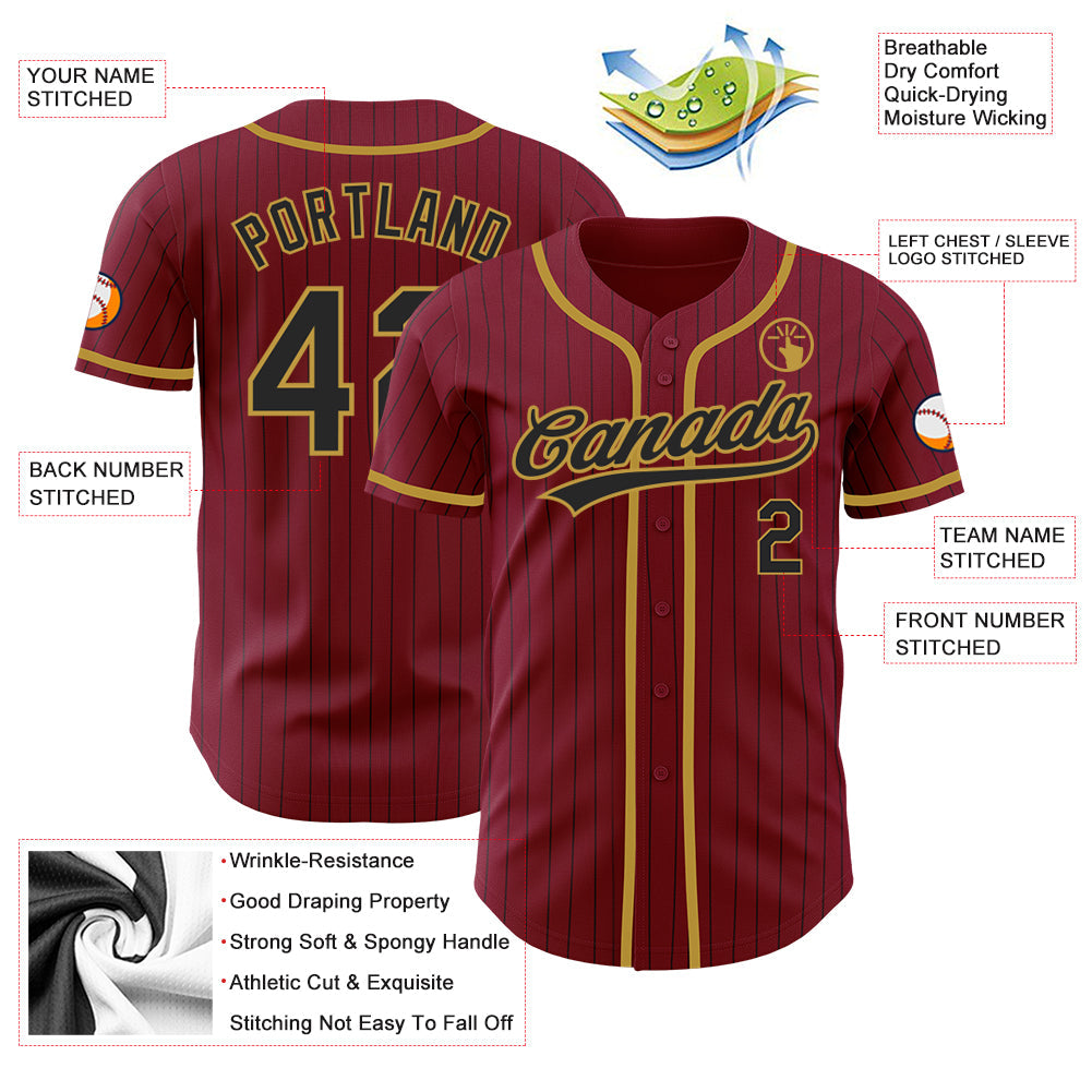 Custom Crimson Black Pinstripe Old Gold Authentic Baseball Jersey view 4