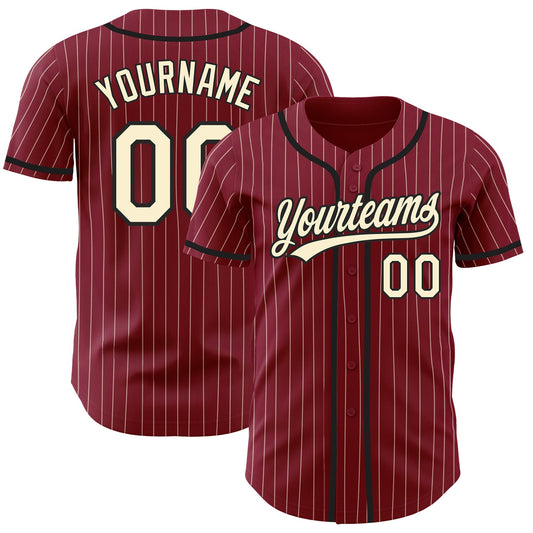 Custom Crimson Cream Pinstripe Black Authentic Baseball Jersey - Main View