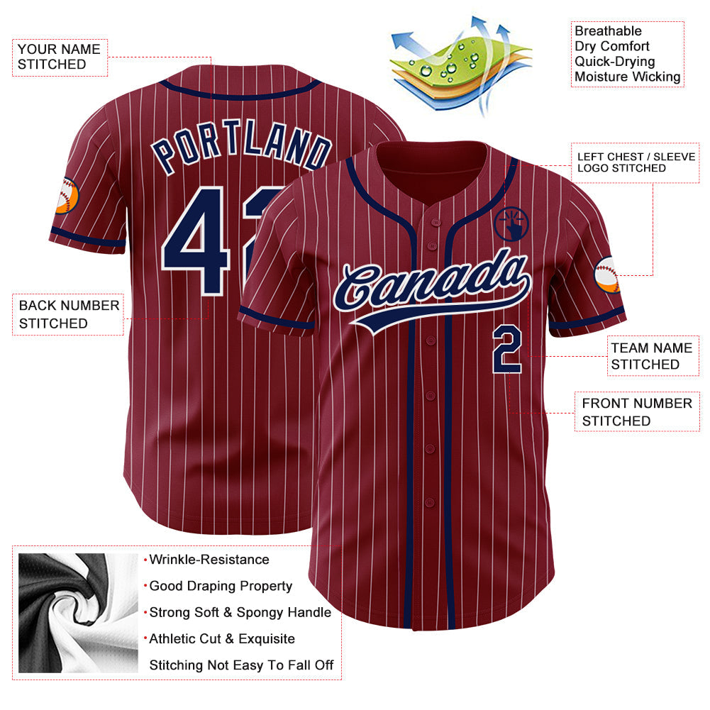 Custom Crimson White Pinstripe Navy Authentic Baseball Jersey view 3