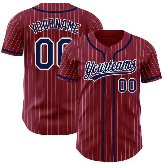 Custom Crimson White Pinstripe Navy Authentic Baseball Jersey - Main View