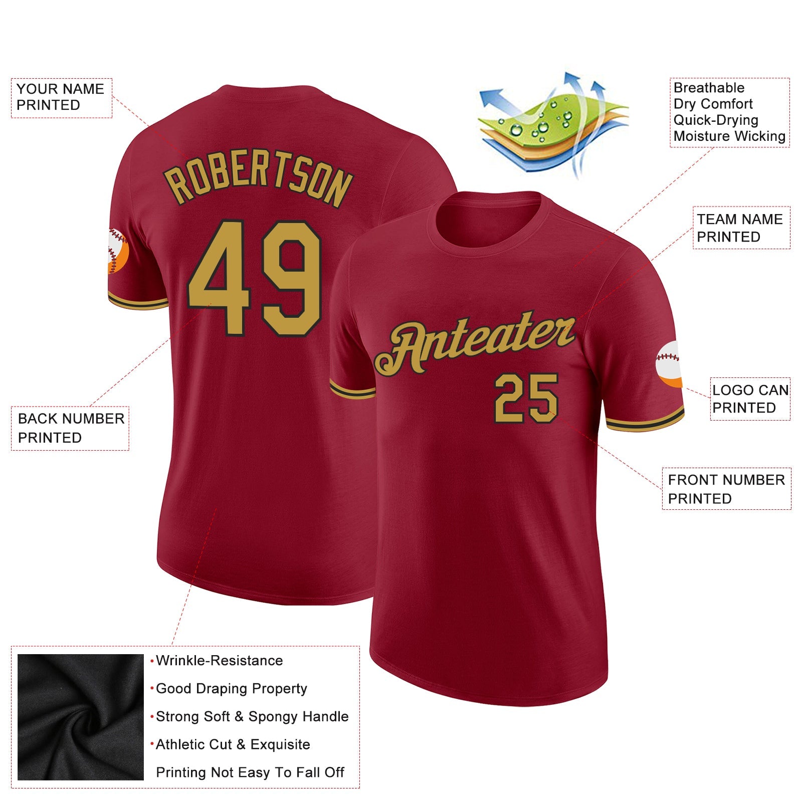 Custom Crimson Old Gold-Black Performance T-Shirt view 2