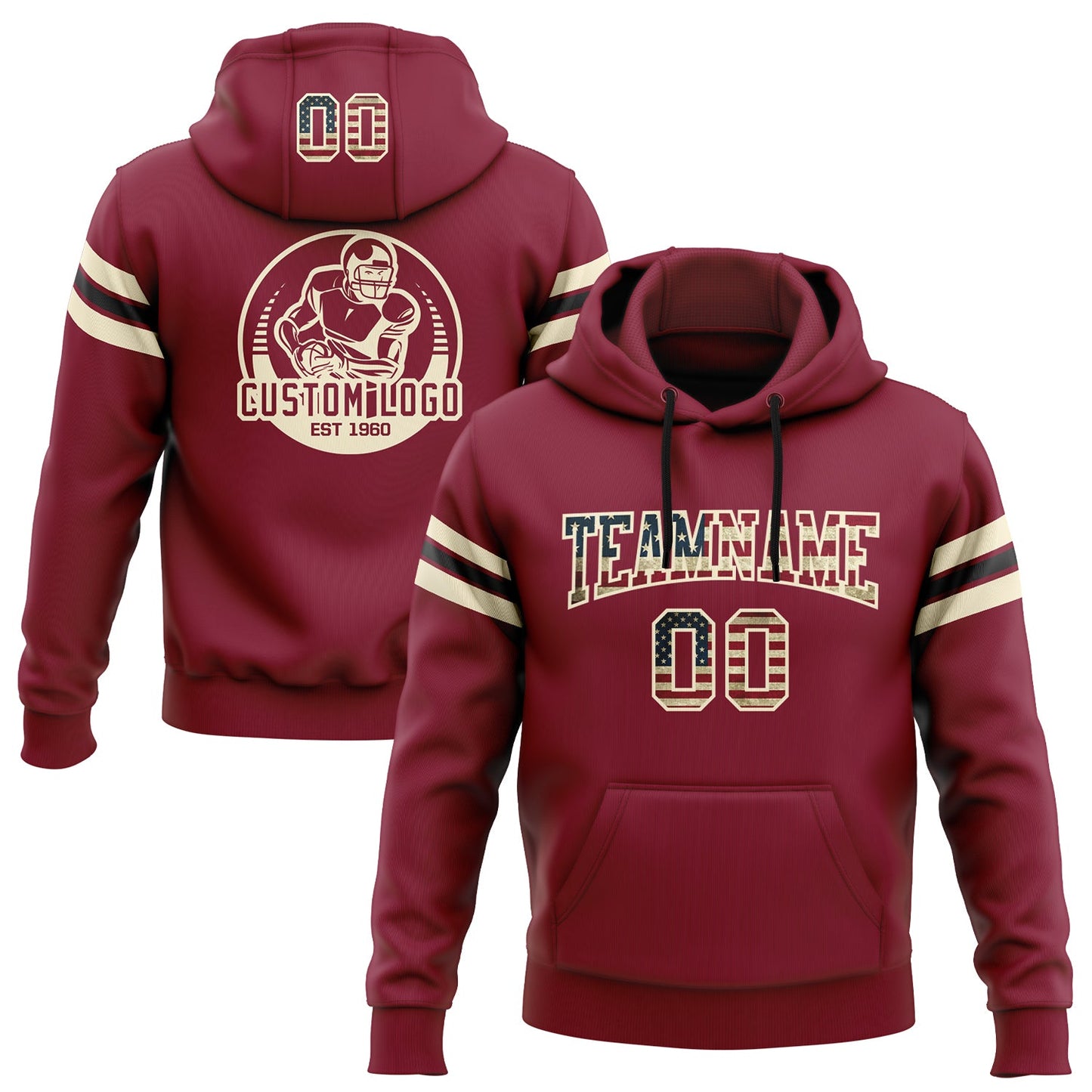 Custom Stitched Crimson Vintage USA Flag Cream-Black Football Pullover Sweatshirt Hoodie - Main View