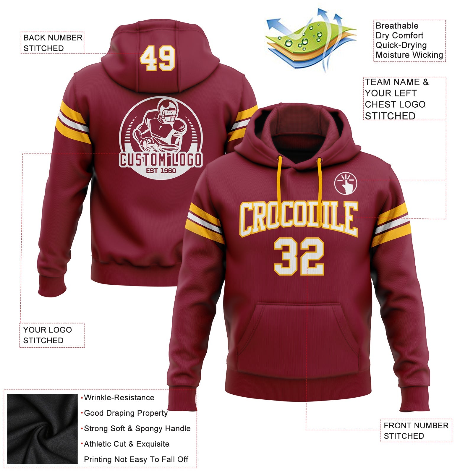 Custom Stitched Crimson White-Gold Football Pullover Sweatshirt Hoodie view 2
