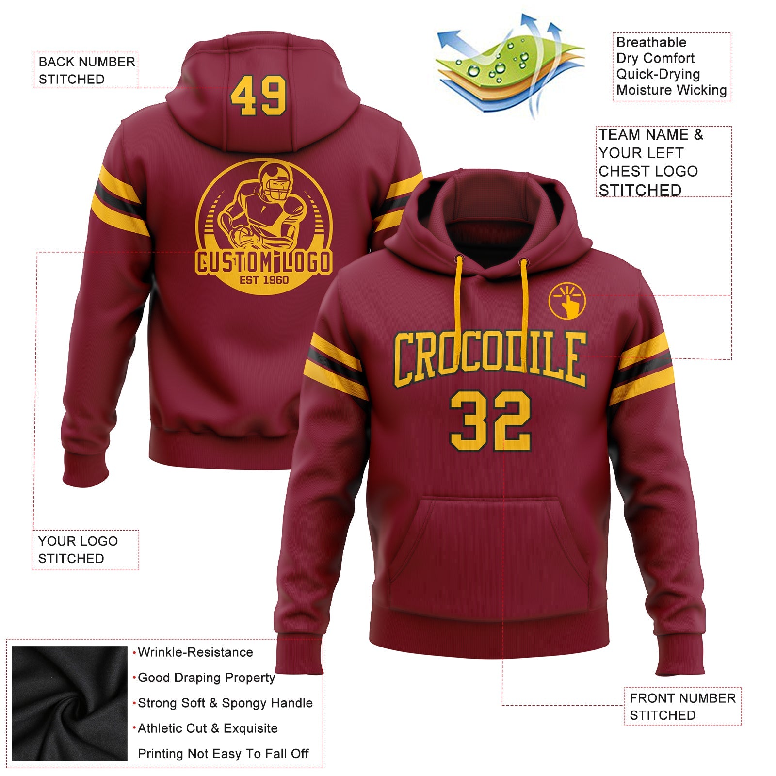 Custom Stitched Crimson Gold-Black Football Pullover Sweatshirt Hoodie view 2