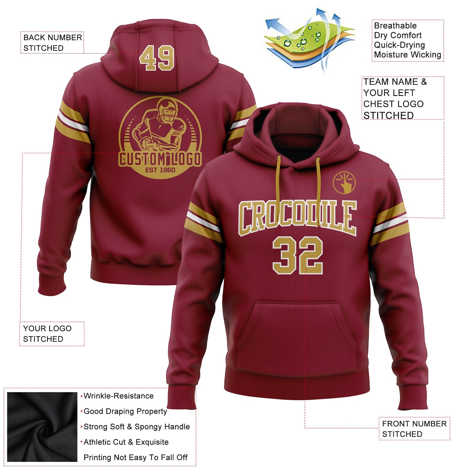 Custom Stitched Crimson Old Gold-White Football Pullover Sweatshirt Hoodie view 2