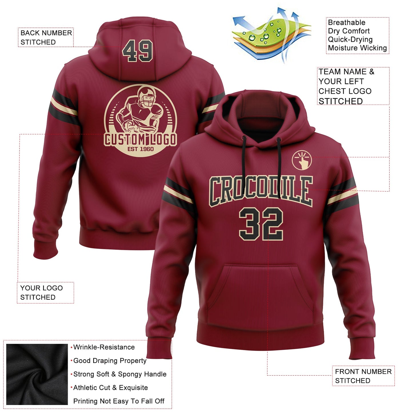 Custom Stitched Crimson Black-City Cream Football Pullover Sweatshirt Hoodie view 2