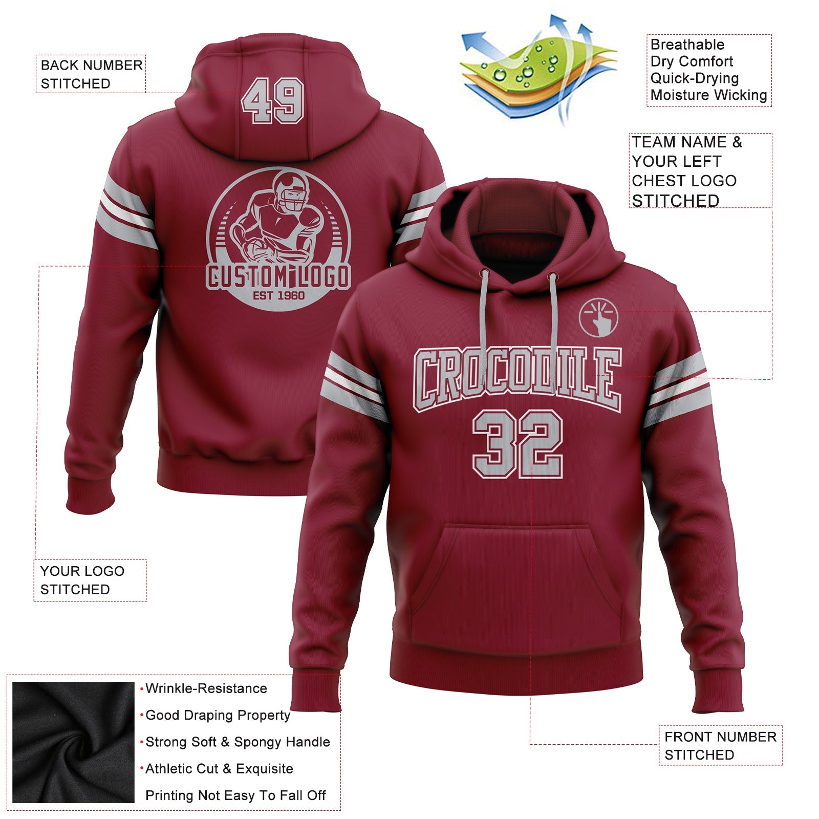 Custom Stitched Crimson Gray-White Football Pullover Sweatshirt Hoodie view 2