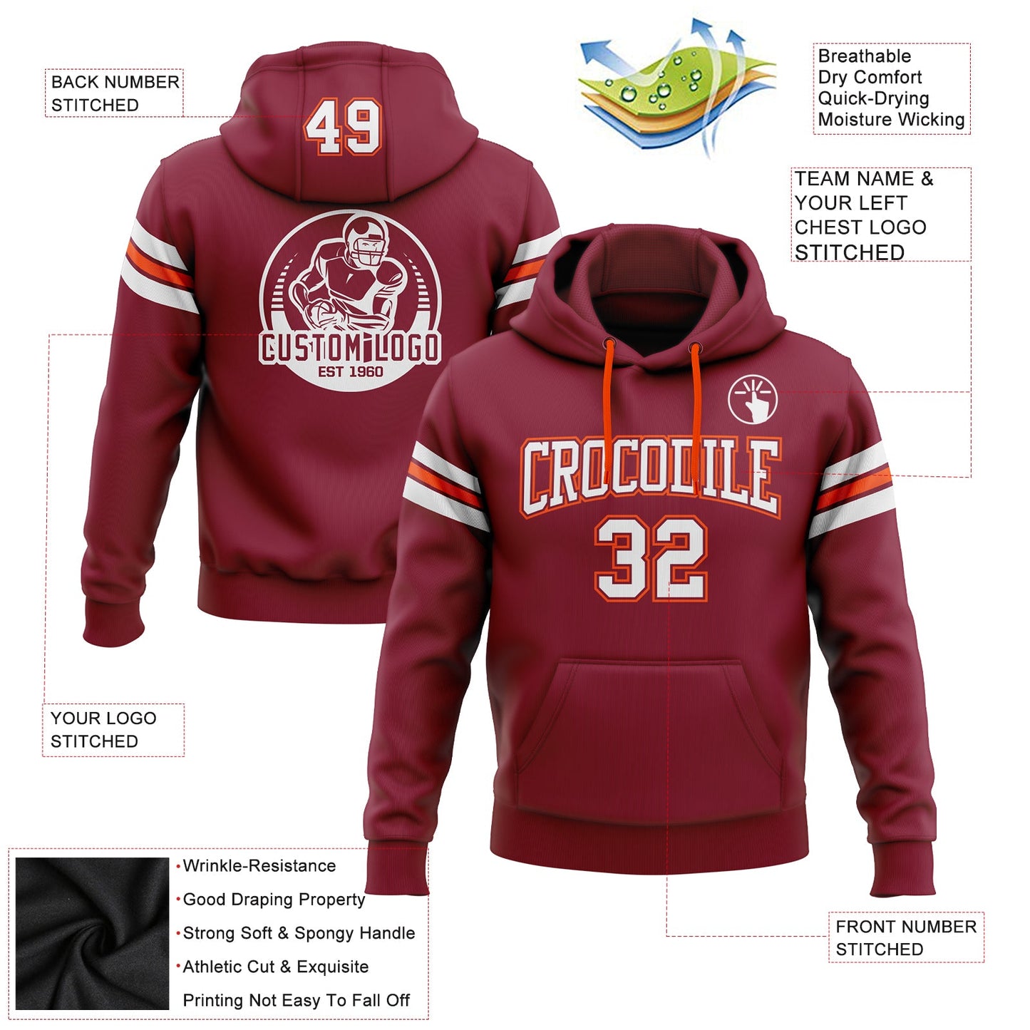 Custom Stitched Crimson White-Orange Football Pullover Sweatshirt Hoodie view 2
