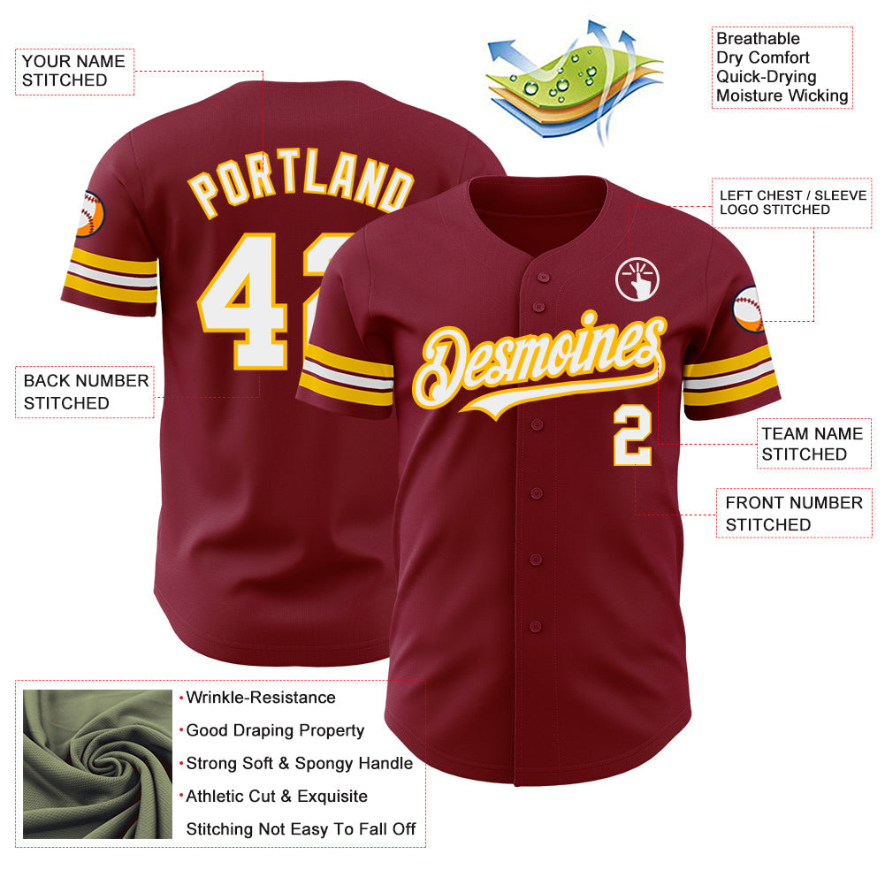 Custom Crimson White-Gold Authentic Baseball Jersey view 3