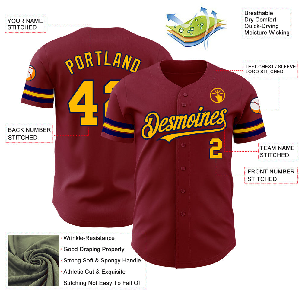 Custom Crimson Gold-Navy Authentic Baseball Jersey view 3