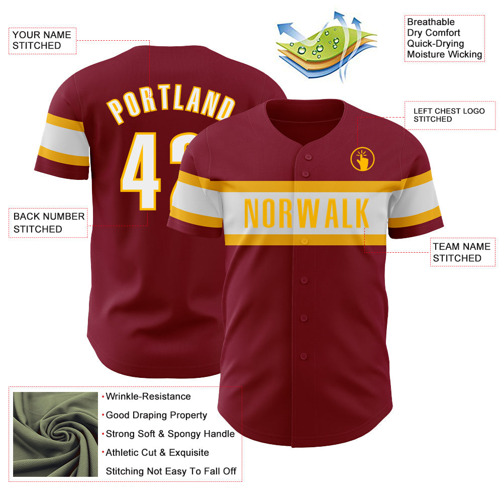 Custom Crimson White-Gold Authentic Baseball Jersey view 3