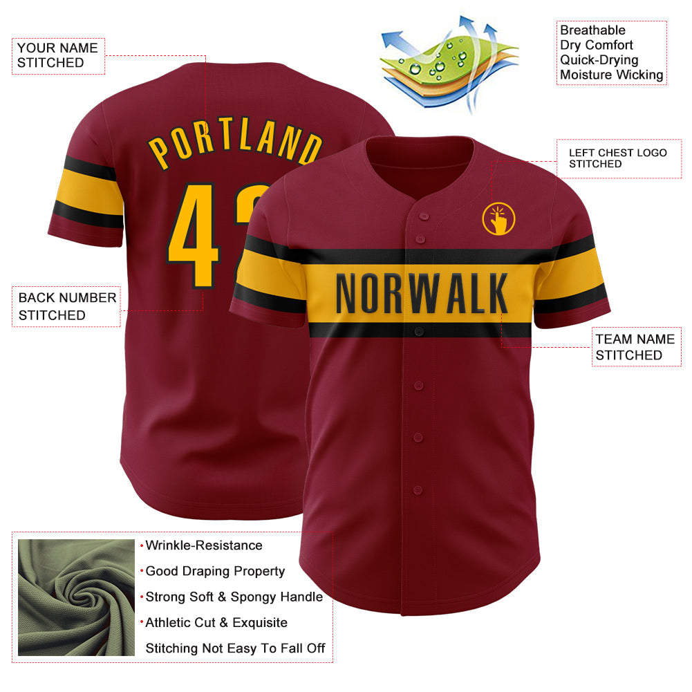 Custom Crimson Gold-Black Authentic Baseball Jersey view 3