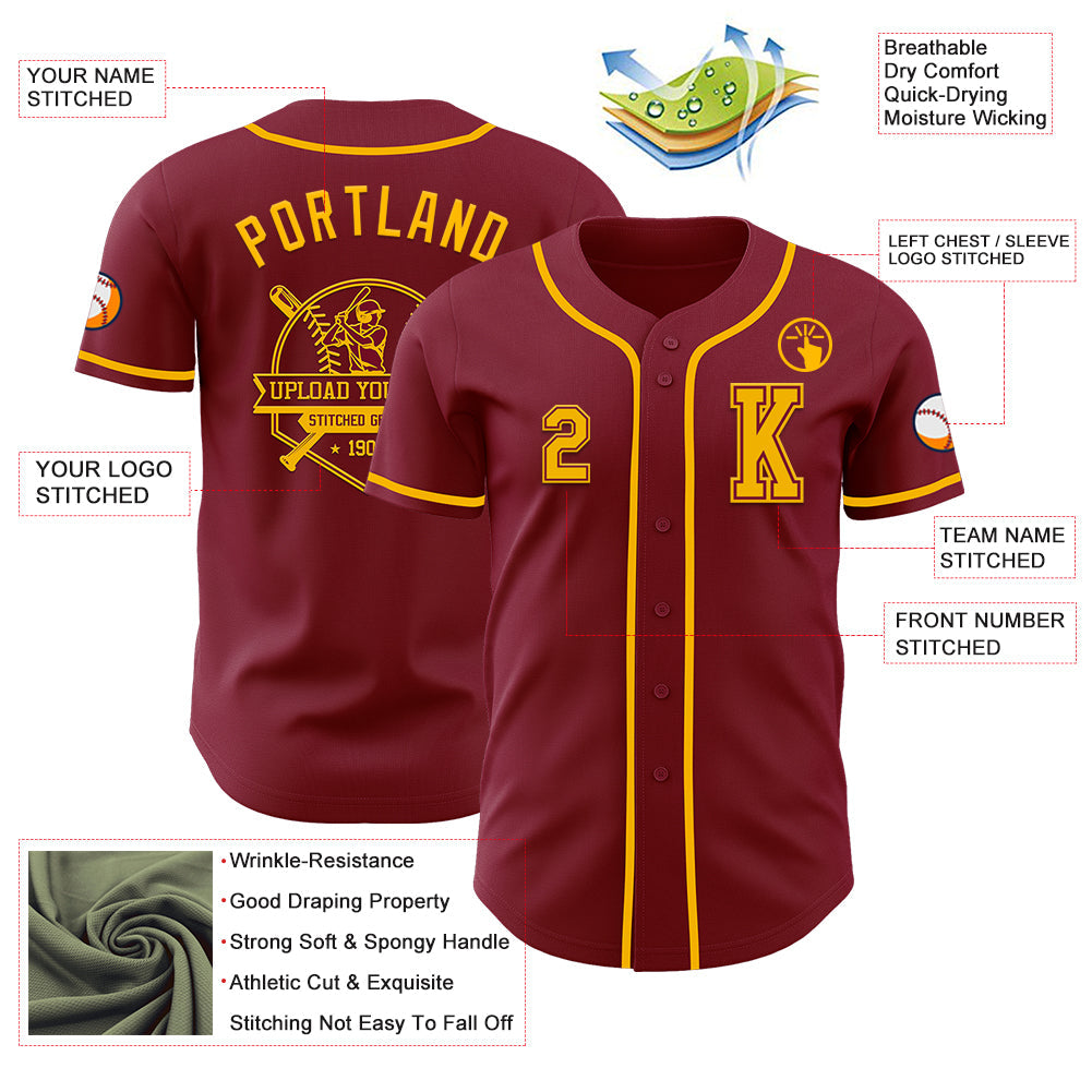 Custom Crimson Gold Authentic Baseball Jersey view 6