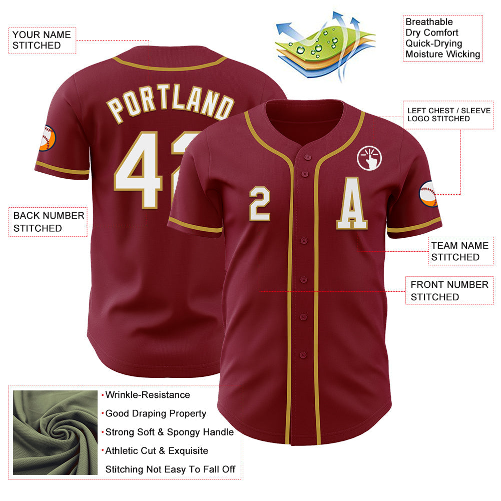 Custom Crimson White-Old Gold Authentic Baseball Jersey view 2