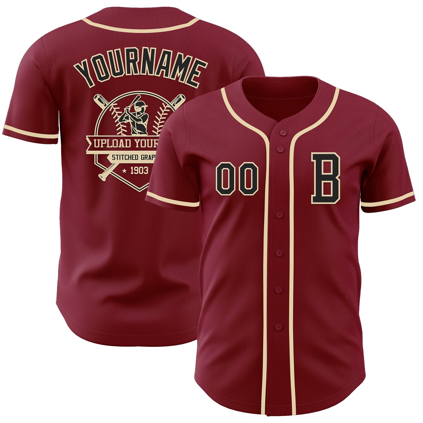 Custom Crimson Black-Cream Authentic Baseball Jersey view 5