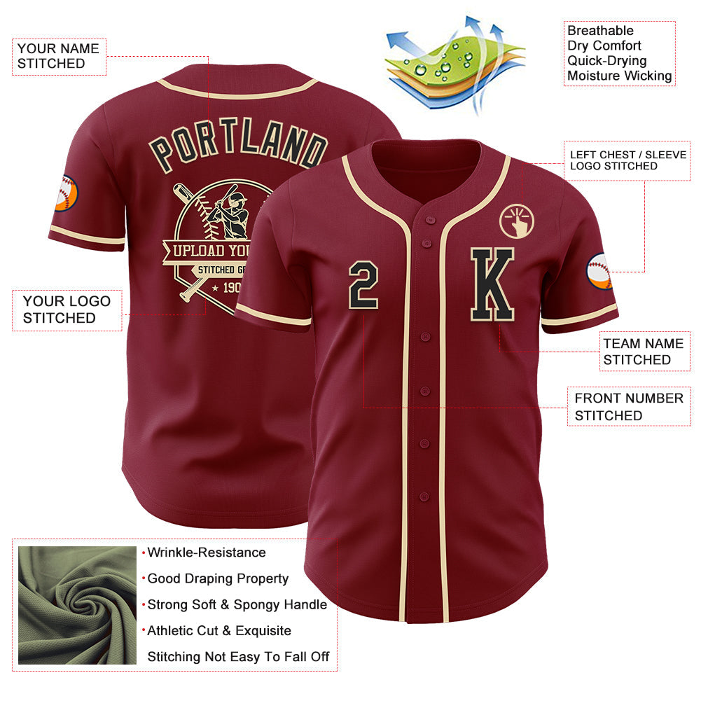 Custom Crimson Black-Cream Authentic Baseball Jersey view 6