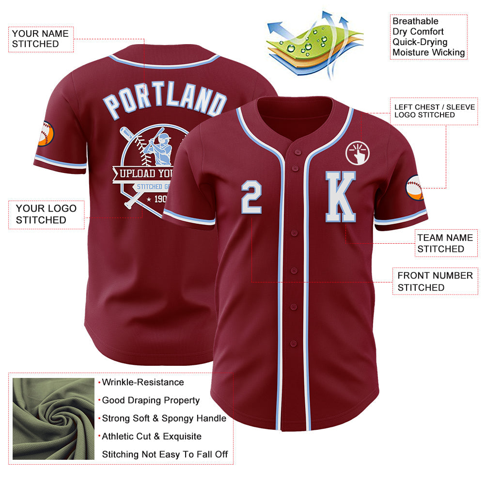 Custom Crimson White-Light Blue Authentic Baseball Jersey view 6